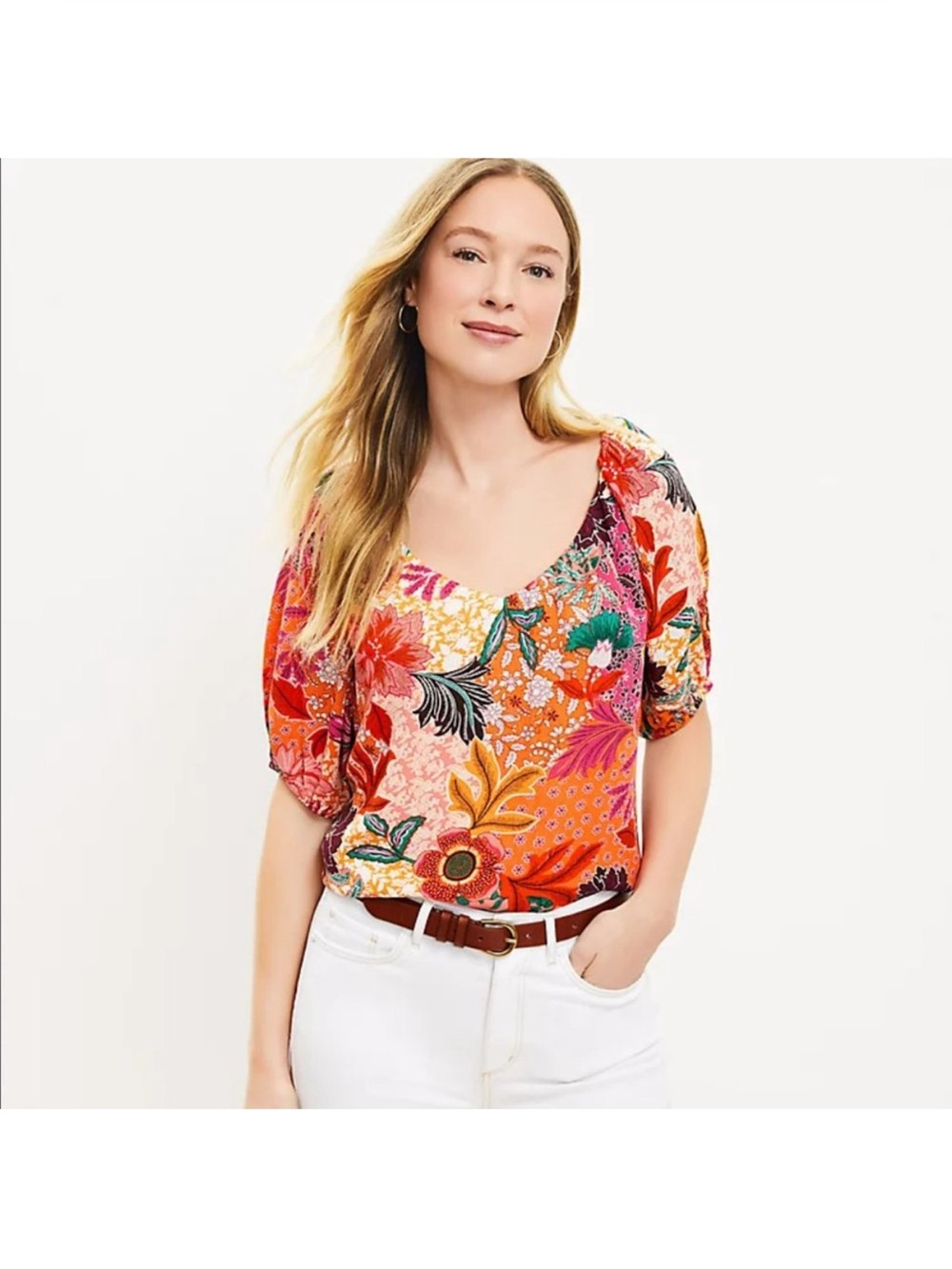 Loft Women’s Floral V-Neck Puff Sleeve Top in Orange Size Small